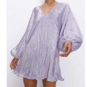 Metallic Pleated Balloon Sleeve Mini Dress
